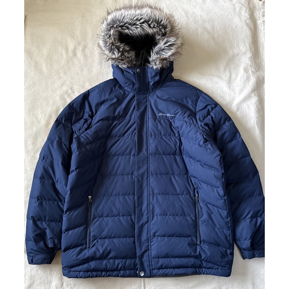 Eddie Bauer Men's Boundary Pass Down Parka Faux-Fur Jacket, Blue, Size XL